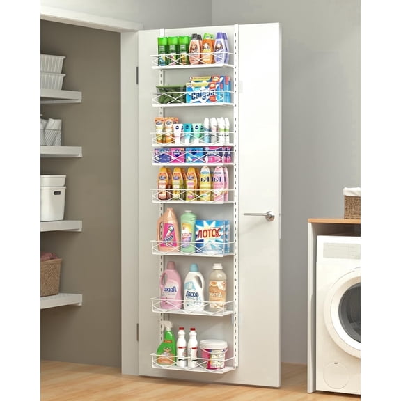 Over The Door Pantry Organizer, 8-Tier Wood & Metal Over The Door Organizer with Adjustable Basket, Hanging Spice Rack, Door Organization and Storage for Kitchen Pantry Door Cabinet, White