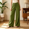 thumbnail image 7 of Women's Cotton Spandex Wide Leg Pants, Elastic Drawstring High Waist, Loose Soft Pockets, Casual Summer Beach Travel Lounge, Flowy Trousers | VerBelle,Army Green L, 7 of 7