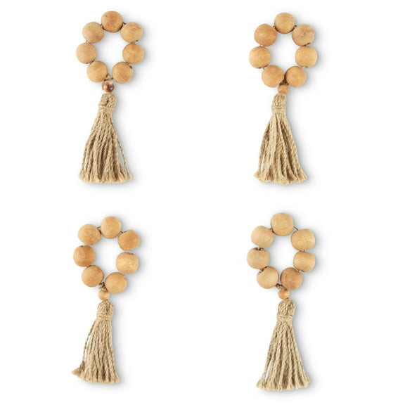 Better Homes & Garden Wood Bead and Tassel Napkin Rings, Natural, 2.5"W x 6"L, 4 Pieces