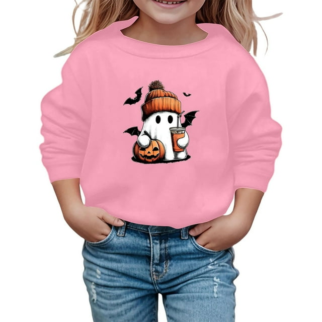 Chandail pour Adolescentes avec Citrouille, Squelette, Chauve-Souris et Fantôme, Imprimé Mignon, Manches Longues, Col Rond, Chandail à Enfiler, Haut pour Enfants, Automne Hiver, Vêtements d'École et de Sortie, Rose, Taille 13-14T