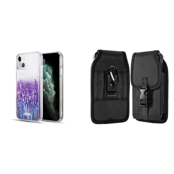 Liquid Glitter Case for iPhone 14 Plus and Belt Holster Pouch - Lavender Purple
