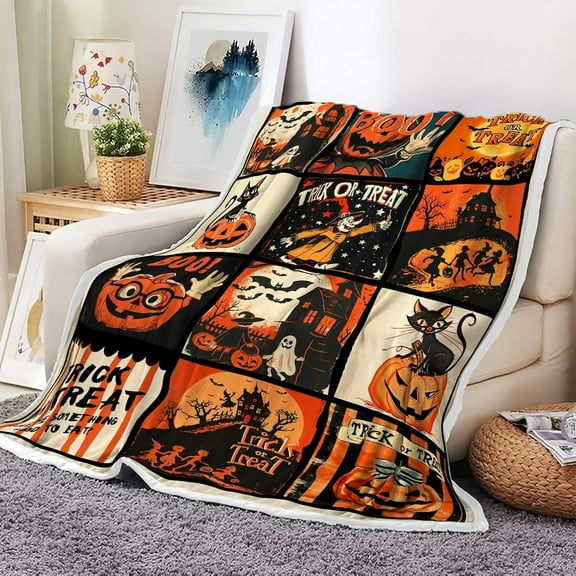 Kuscheln Halloween Throw Blanket, Trick or Treat Cool Gothic Blanket, Pumpkin Retro Halloween Cozy Blanket for Bed Couch, Soft Comfy Fleece Flannel Throws Blankets Decor
