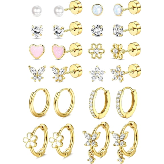 Hypoallergenic Flat Back Earrings for Women -Earring Set-Surgical Steel Earrings for Sensitive Ears-14K Gold Plated Stainless Steel Flatback Studs Screw Back Small Hoop Cartilage Earring Stacks