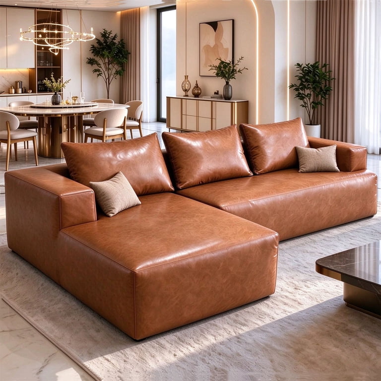 Aukfa 96" Brown Leather Cloud Sectional Sofa, L-Shaped photo 1