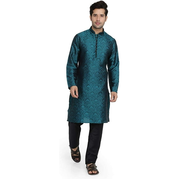 Royal Kurta Mens Printed Art Silk Kurta Pyjama Set Green 42