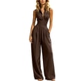 thumbnail image 2 of Women's Sleeveless Jumpsuit, Turndown Collar V-Neck With Pockets, Fashion One-Piece Pants For Office & Casual Outings Coffee M, 2 of 7