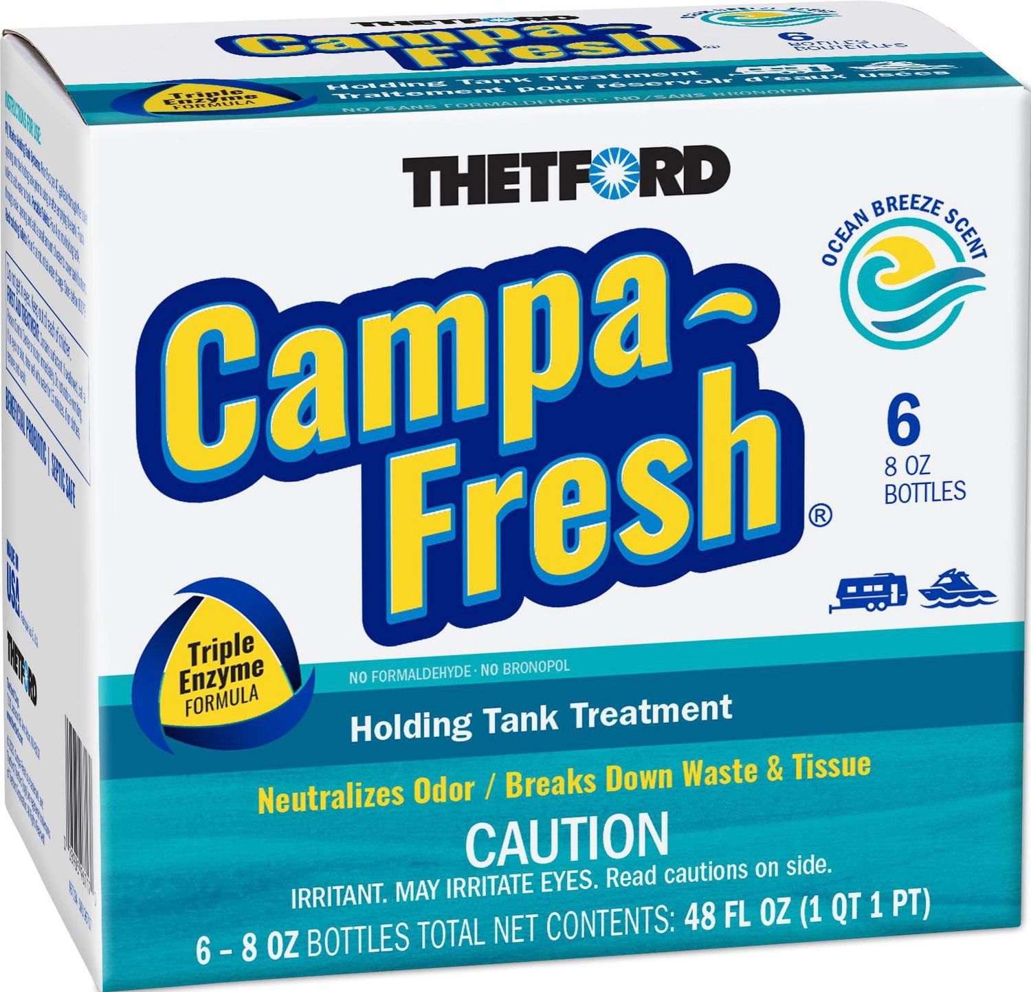 Liquide de traitement pour réservoir d’eaux usées Campa-Fresh® Ocean Breeze de Thetford, 6 bouteilles x 250 ml (8 oz) CAMPA-FRESH OCEAN BREEZE 6 x 250 ML (8 OZ)