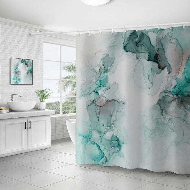 Cortina de ducha con estampado de mármol, pincel de estilo retro colorido en textura de mármol, arte de acuarela, tela de tela para decoración de baño con ganchos, 71 pulgadas de ancho x 71 pulgadas
