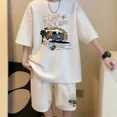 thumbnail image 5 of Conjunto de moda coreana para hombre, con estampado de gofres, camiseta de manga corta y pantalones cortos, conjunto deportivo de 2 piezas, chándal de moda de verano, 5 of 5