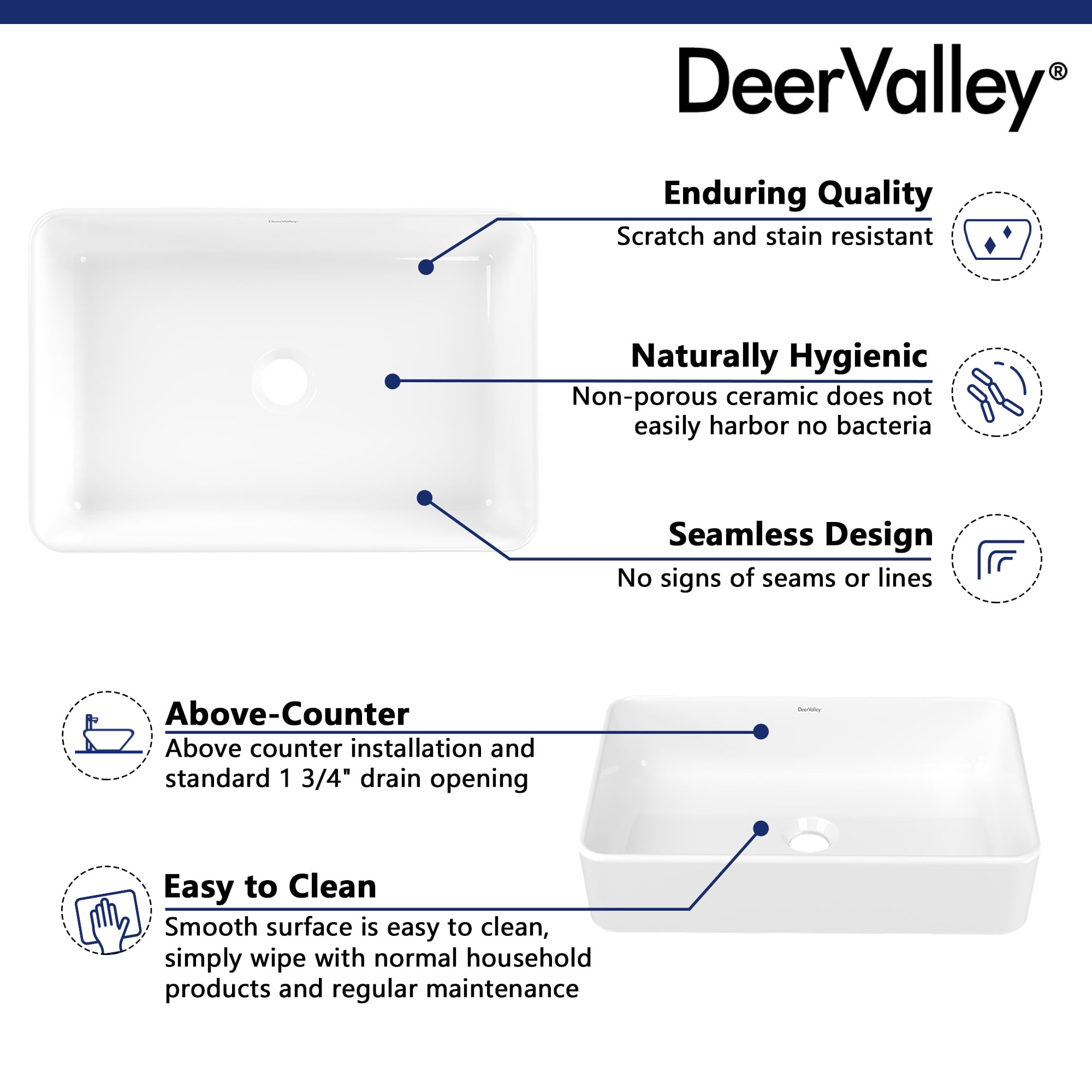 DeerValley DV-1V032 White Ceramic Rectangular Vessel Sink Above Counter White Bathroom Vanity Sink Bathroom Sink Art Basin (19.92'' L x 14'' W x 4.37'' H)