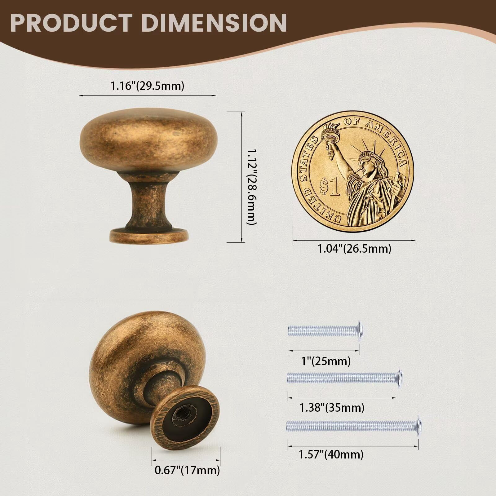 Aged Brass Knobs 12 Pack, Solid Warm Gold Cabinet Knobs, Antique Brass Drawer Knobs, Champagne Bronze Kitchen Cabinet Hardware,Diameter 1-1/5"