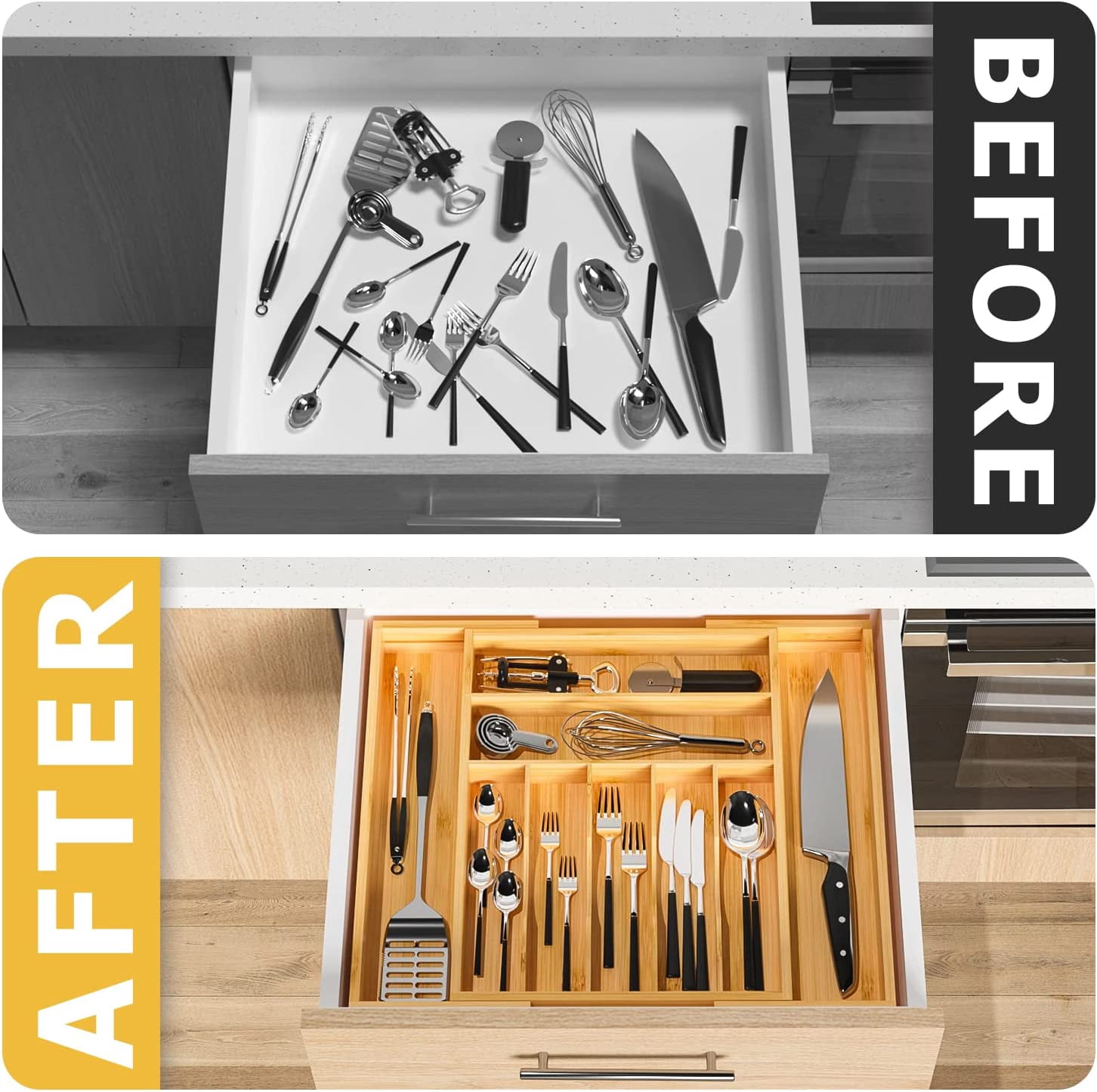 Utensil Organizer Silverware Drawer Organizer - Bamboo Expandable Cutlery Tray with Dividers for Utensil Holder Office Storage Makeup Desk Drawer Tool OrganizationExpandable,  with Dividers,