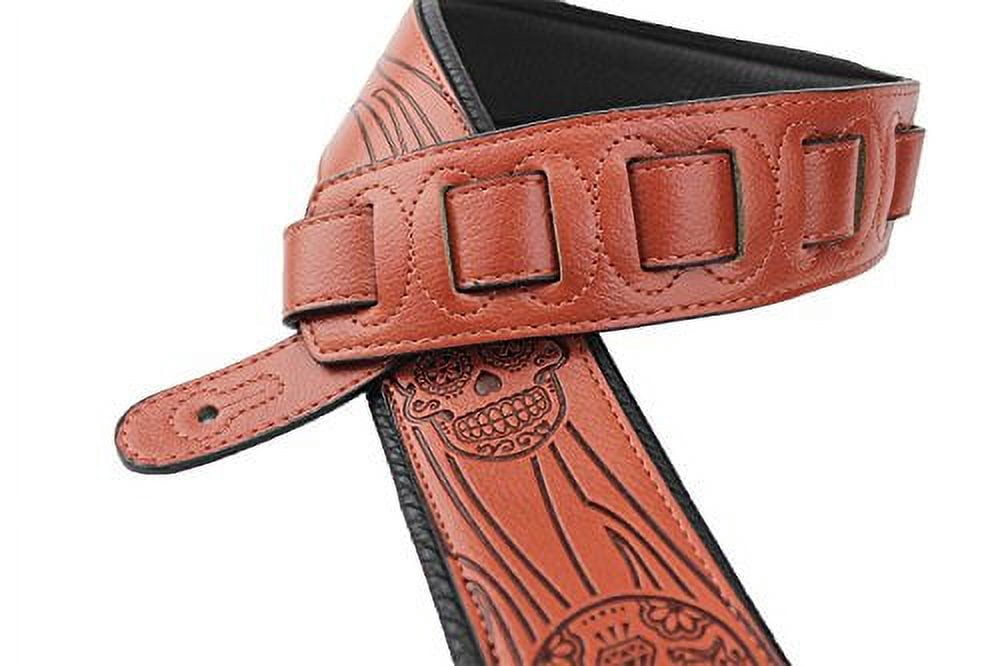 Walker & Williams GM-1275 Sienna Brown Padded Guitar Strap with Embossed Skulls