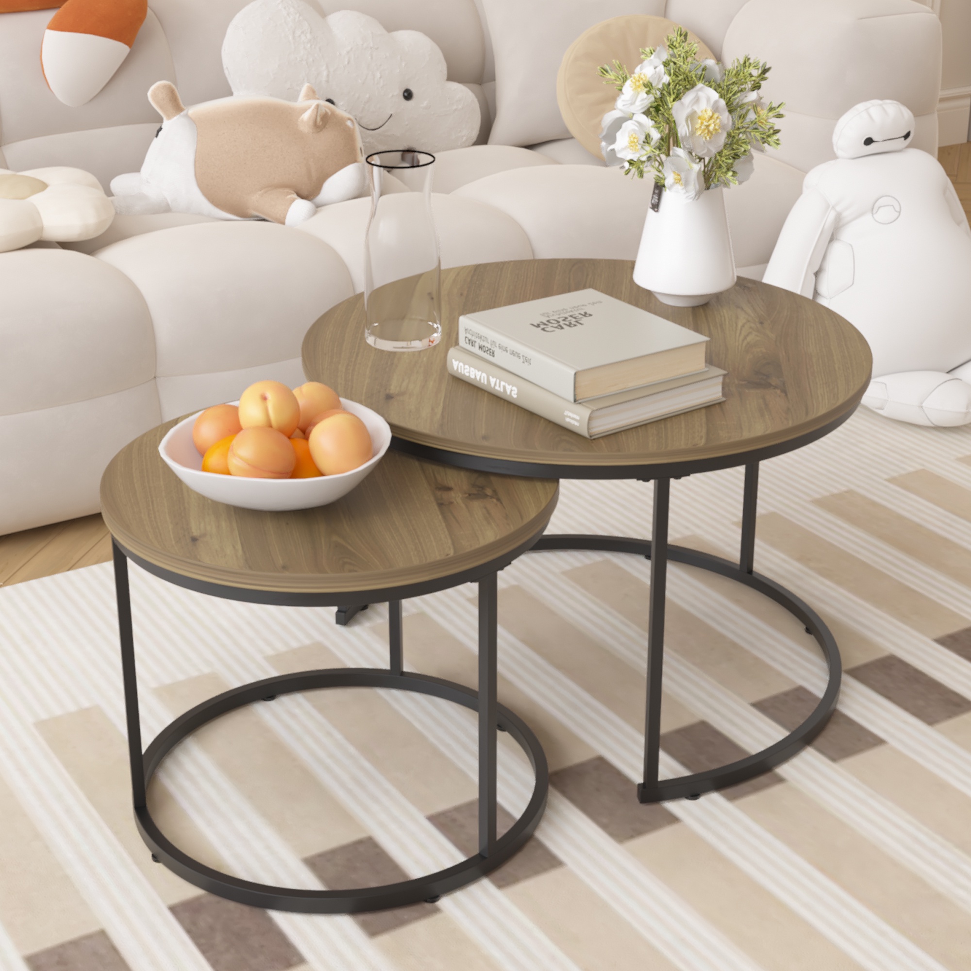 PORKISS Round Coffee Table Set of 2, 27.56" Nesting Center Tables for Living Room, 2-Piece Side Tables with Metal Frame for Living Room Home Office, Brown