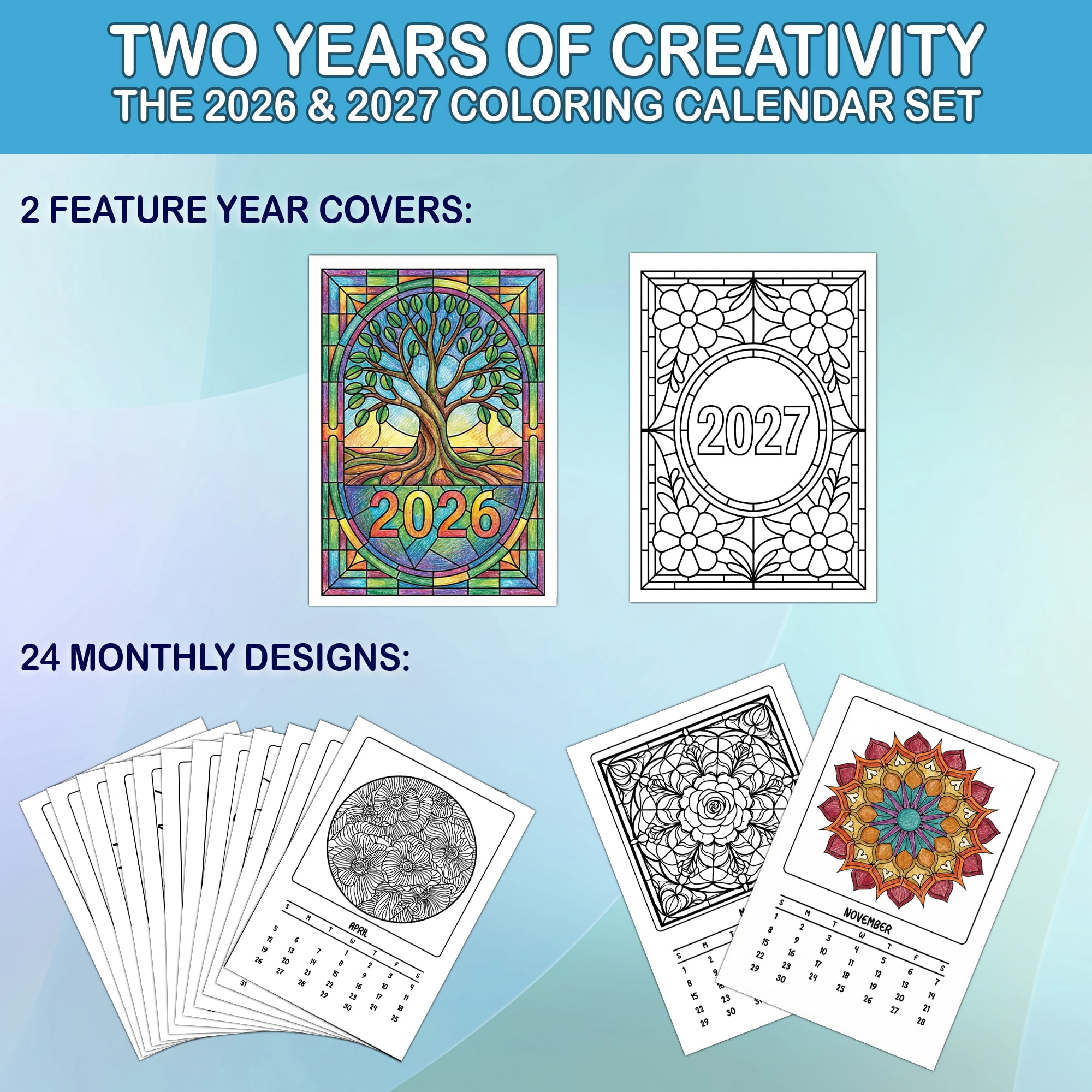 Stained Glass Mandalas Coloring Desk Calendar 2026–2027, A5 Wooden Cover Planner with 26 Easy Coloring Pages for Adult Relaxation, 24 Month Desktop Calendar with Stand, Gift for Family & Friends