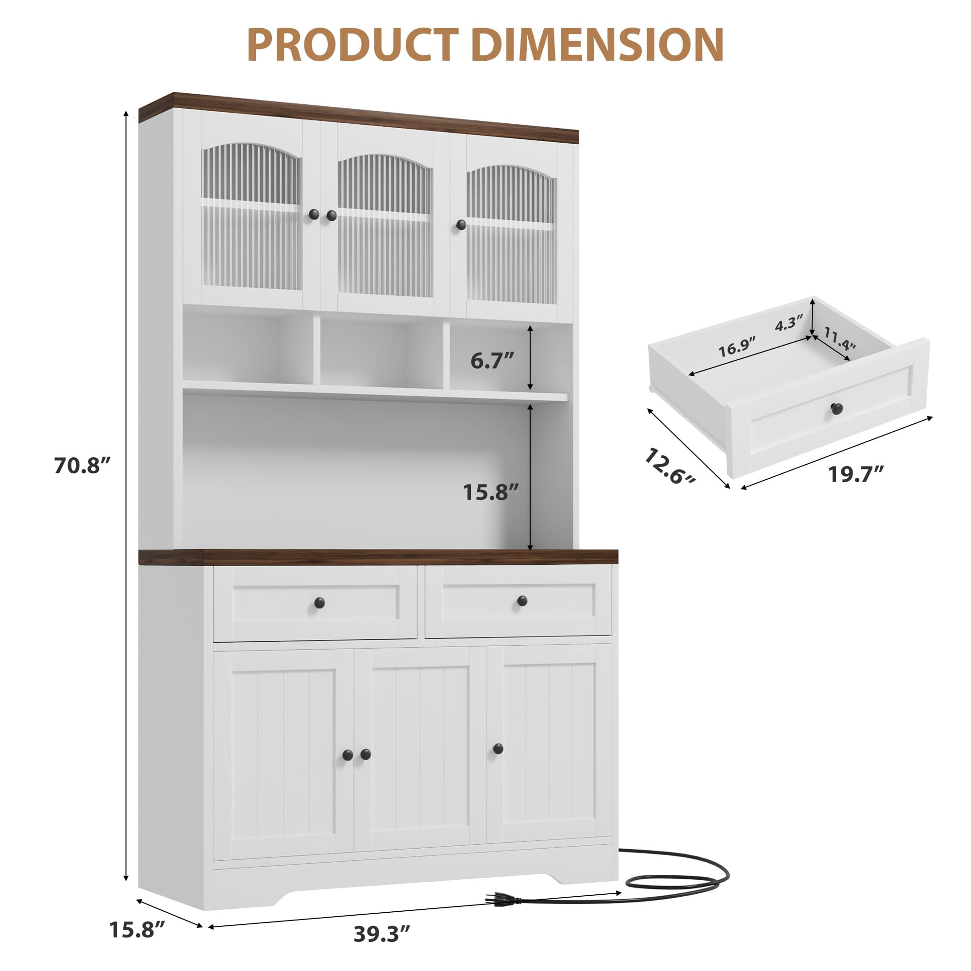 Gaderth Pantry Cabinet with Charging Station, Tall Kitchen Pantry Storage Cabinet with Hutch, 70.8 Inch Kitchen Cabinet, Kitchen Hutch with Storage Drawers, Fluted Glass Doors