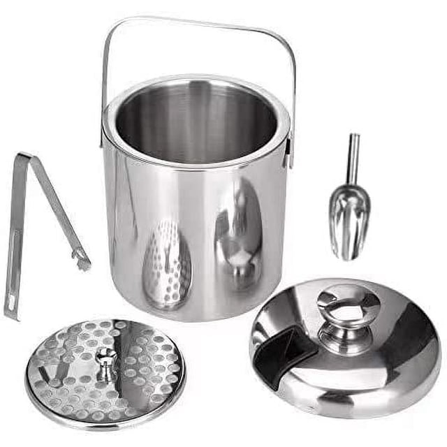 Zhuge Contenedor de cubitos de hielo de acero inoxidable de doble pared de 1,3 l con tapa de pinzas y una pequeña pala de metal para hielo