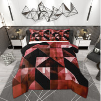 Manfei Chic Abstract Full Size Comforter Sets for Adult, Red Rectangle Geometric Bedding Comforter Set, Retro Artwork Reversible Bedding Sets, Microfiber Bedroom Decor, 3 Pieces