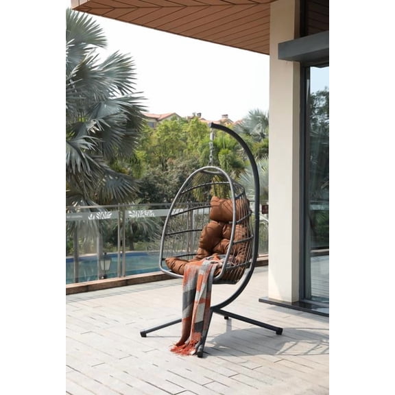 FFZ Foldable Patio Wicker Hanging Swing Egg Chair with Stand for Bedroom Balcony, Brown