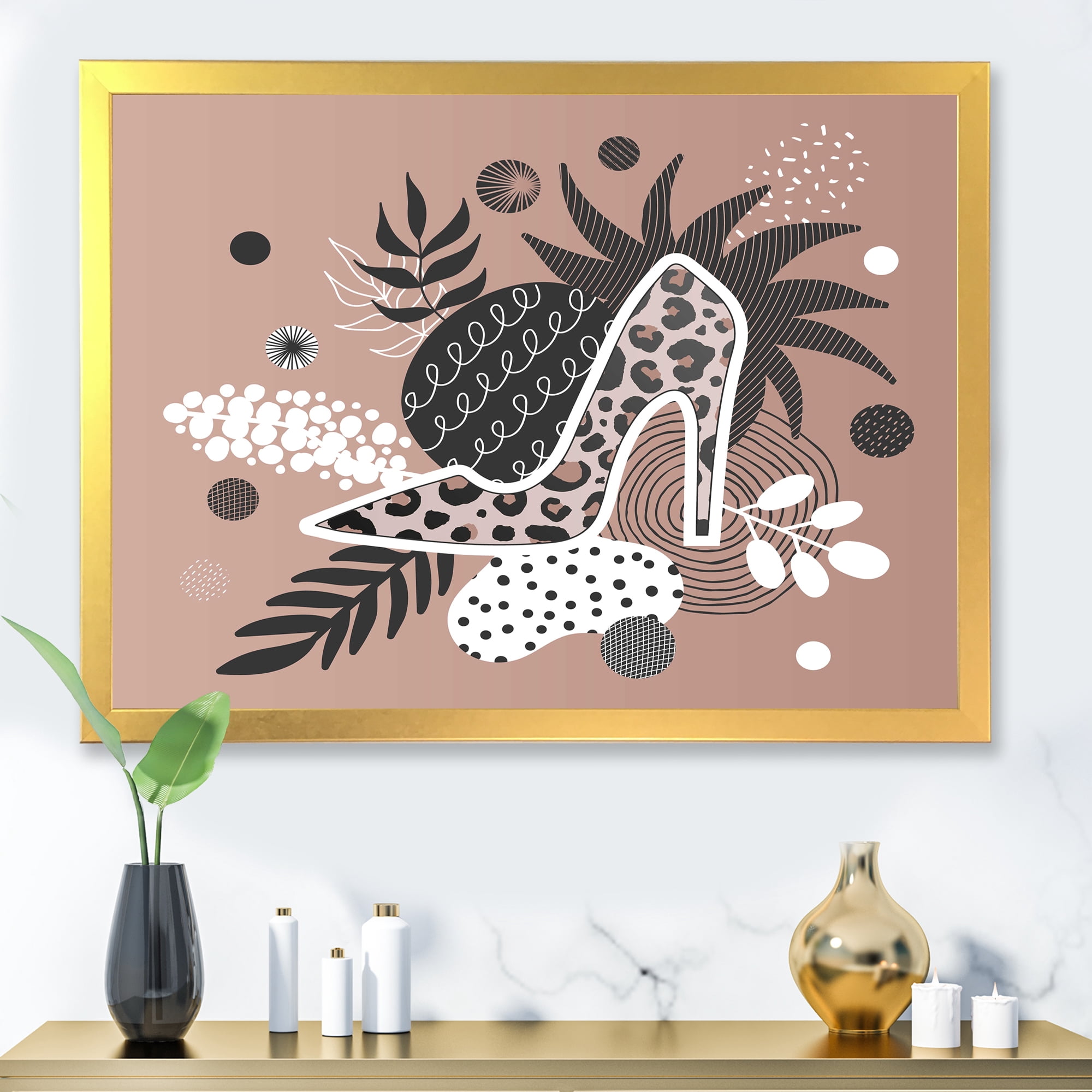 Designart 'Leopard High-Heeled Shoes On Tropical Leaves' Modern Framed Art Print