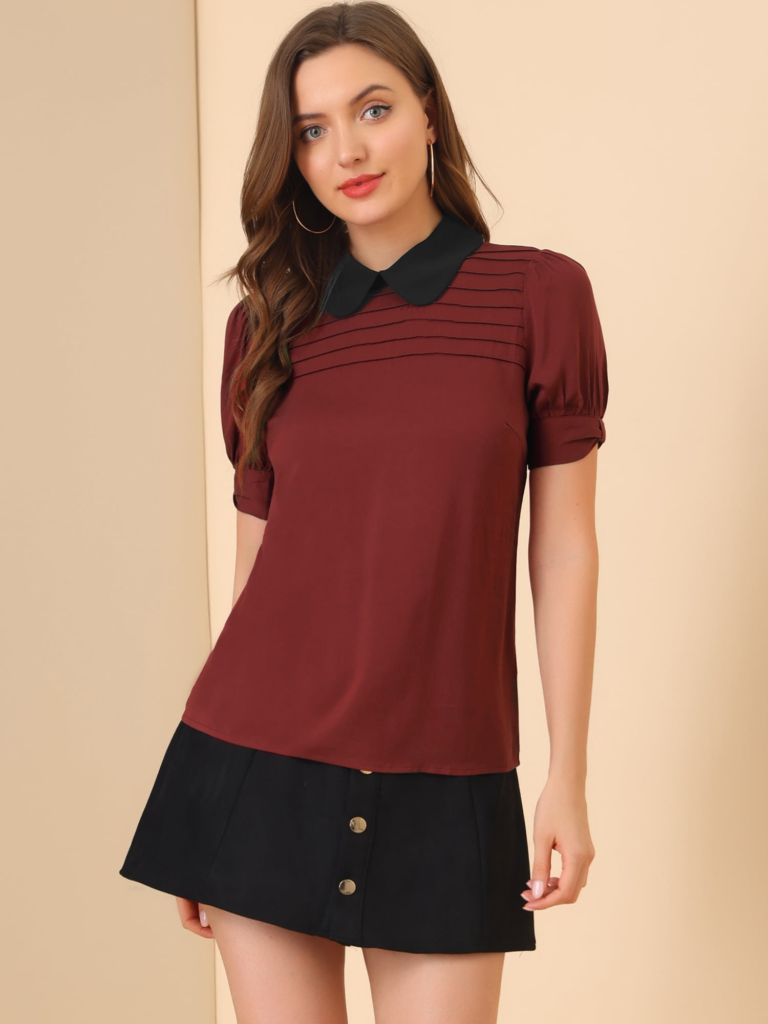 DARING DIVA Peter Pan Collar Contrast Puff Blouse Top M Burgundy