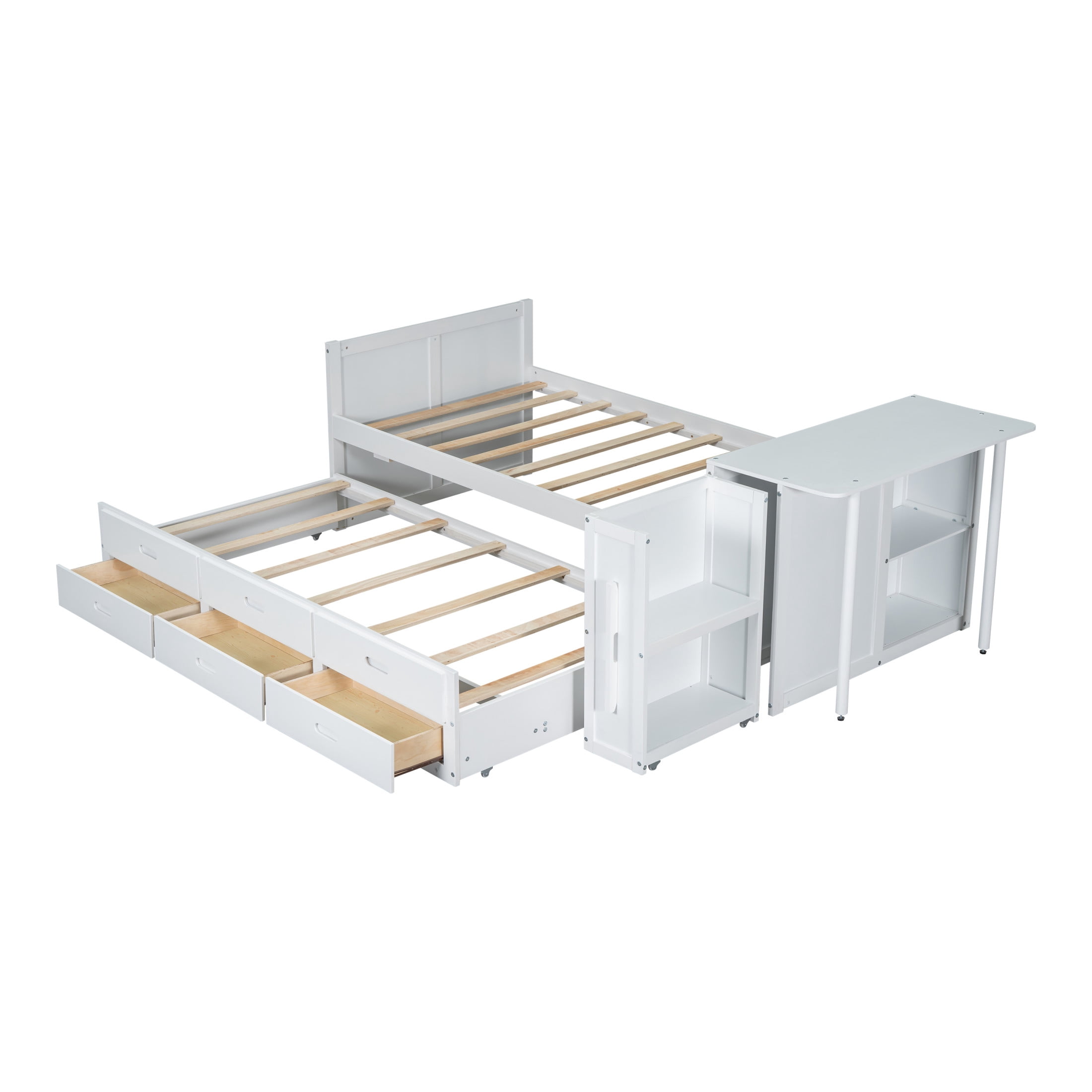 Noble House Twin Size Multifunctional Platform Bed with Trundle, 3 Drawers, Desk and Storage Shelf, White