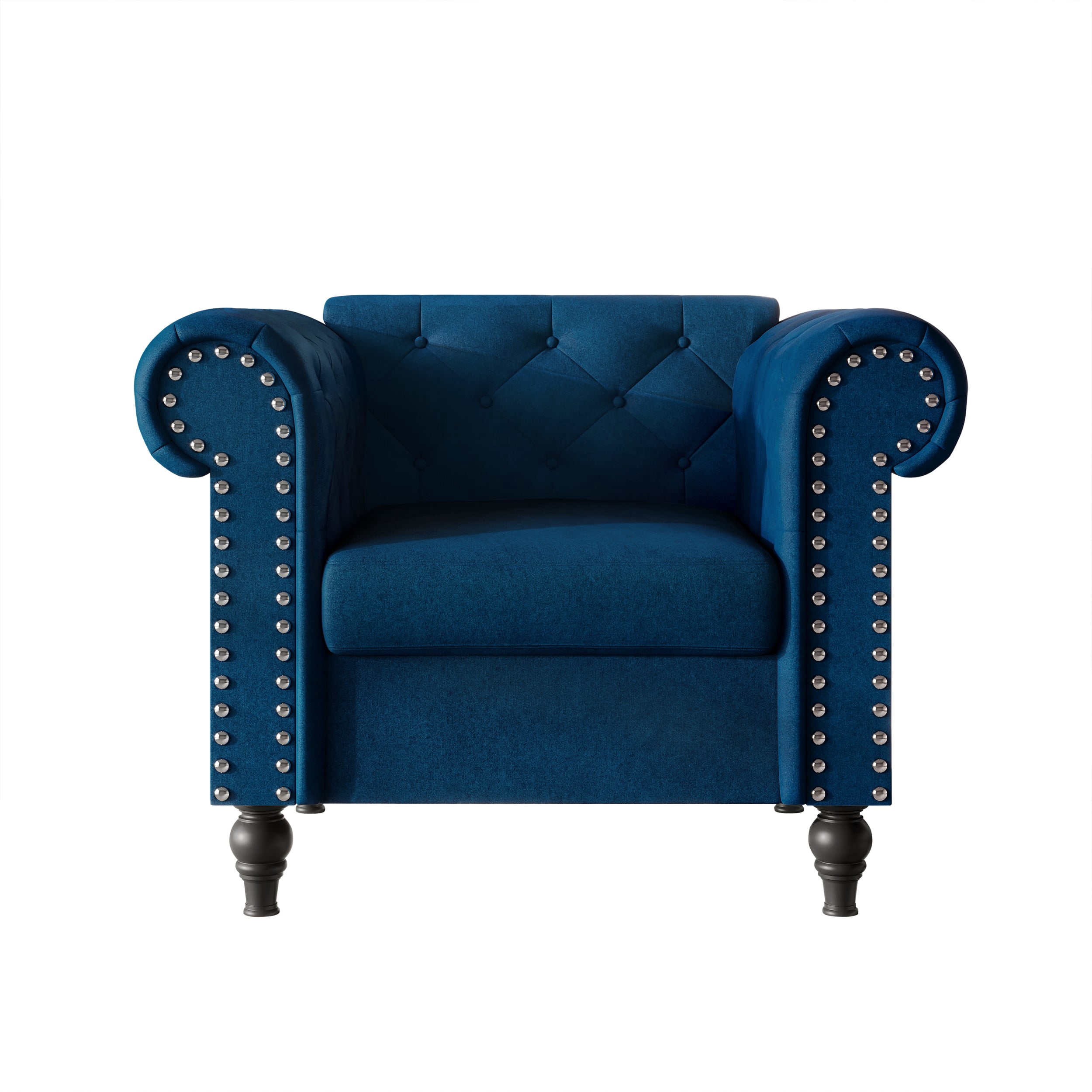 Home Design Kelso 3-Piece Velvet Living Room Set With Rolled Arm Chair, Loveseat and Sofa, Deep Button Tufting and Turned Legs, Blue