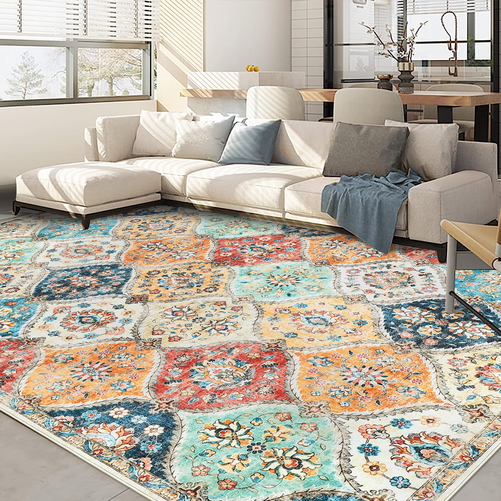 HOMERRY Area Rugs 8' x 10' Area Rug for Living Room Moroccan Trellis Floral Washable Bedroom Non-Slip Carpet for Home Decor, Orange