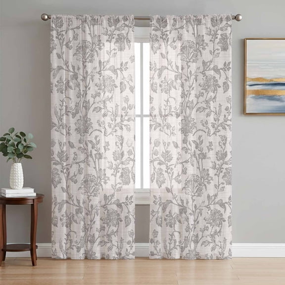 Farmhouse Flower Semi Sheer Curtains 72 Inch Length 2 Panels Set, Botanical Vintage Grey Leaf Plant Sheer Kitchen Curtain Privacy Voile Window Curtain for Living Room Bedroom Rod Pocket Drapes
