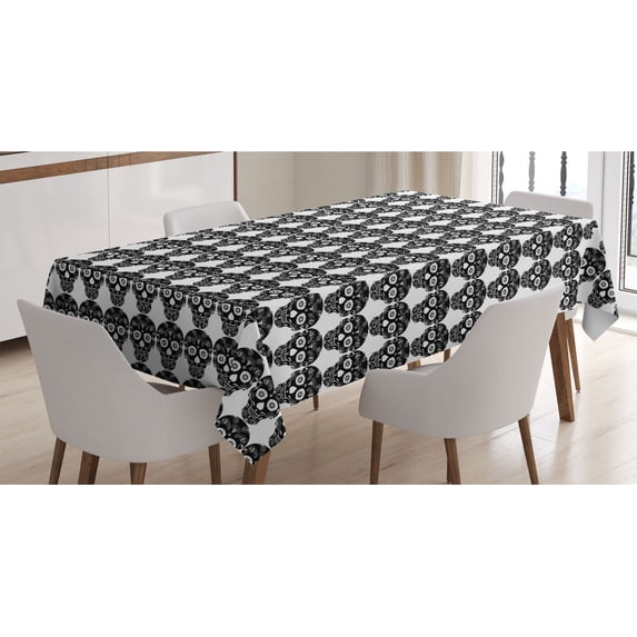 Carnival Tablecloth, Ornamental Skull Illustrations with Floral Details Day of the Dead Theme, Rectangle Satin Table Cover for Dining Room and Kitchen, 52" X 70", Charcoal Grey White, by Ambesonne