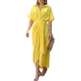 thumbnail image 6 of Blue Womens Wrap Shirt Dress With Turn-Down Collar, High-Waisted Belted Design And Asymmetrical Hem, 6 of 8