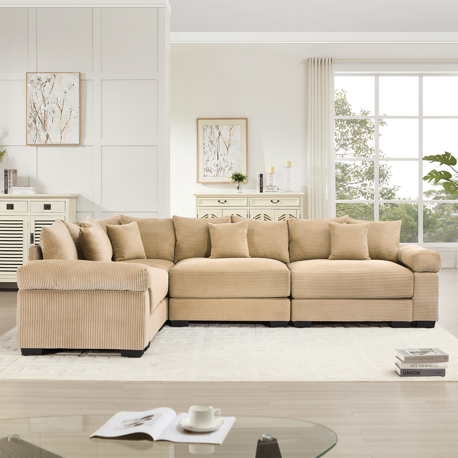117" Modern Corduroy Sectional Couches for Living Room, Comfortable Corner Couch Sofa, Camel 3 Seater Corner Couch for Flexible Layout, Muebles para la Sala, Oversized Sofa Set