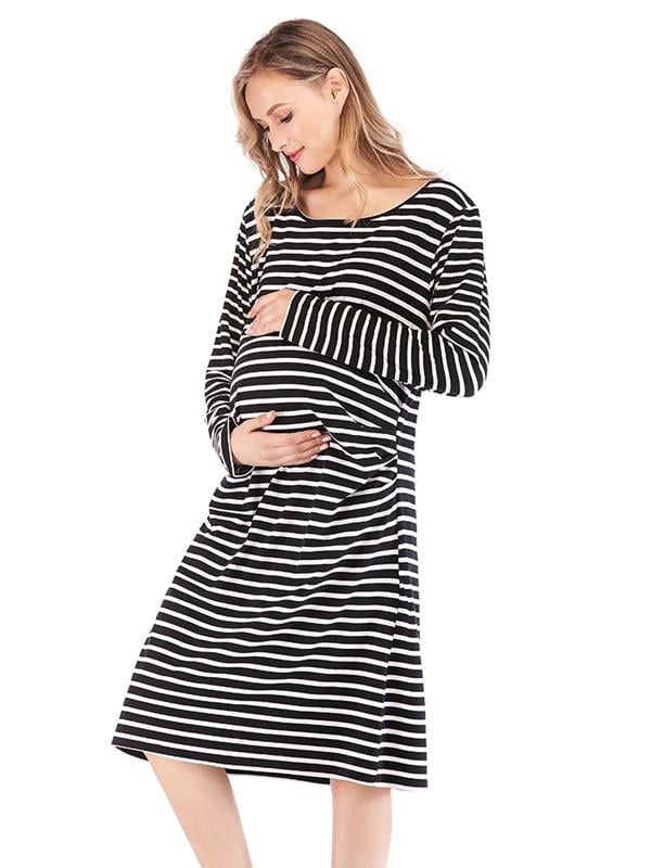 SO-buts Women Maternity 3/4 Sleeve Striped Nursing Breastfeeding Sleepwear Dress Autumn Winter Nightdress Casual Pajamas Dresses