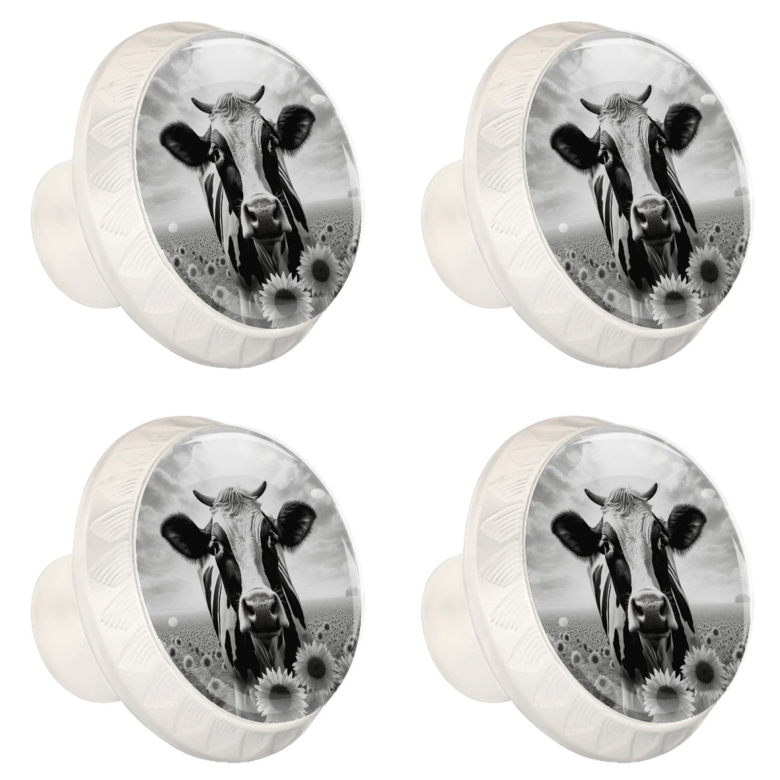 4 Pcs Cow and Sunflower Knobs for Kitchen Cabinet Cupboard Dresser Bookcase Drawer Pulls Handles Round Home Decor