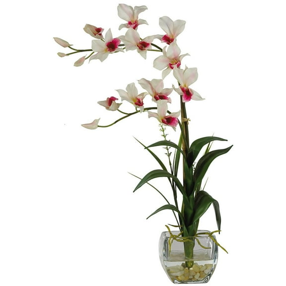 Nearly Natural Dendrobium Artificial Flowers with Glass Vase, White