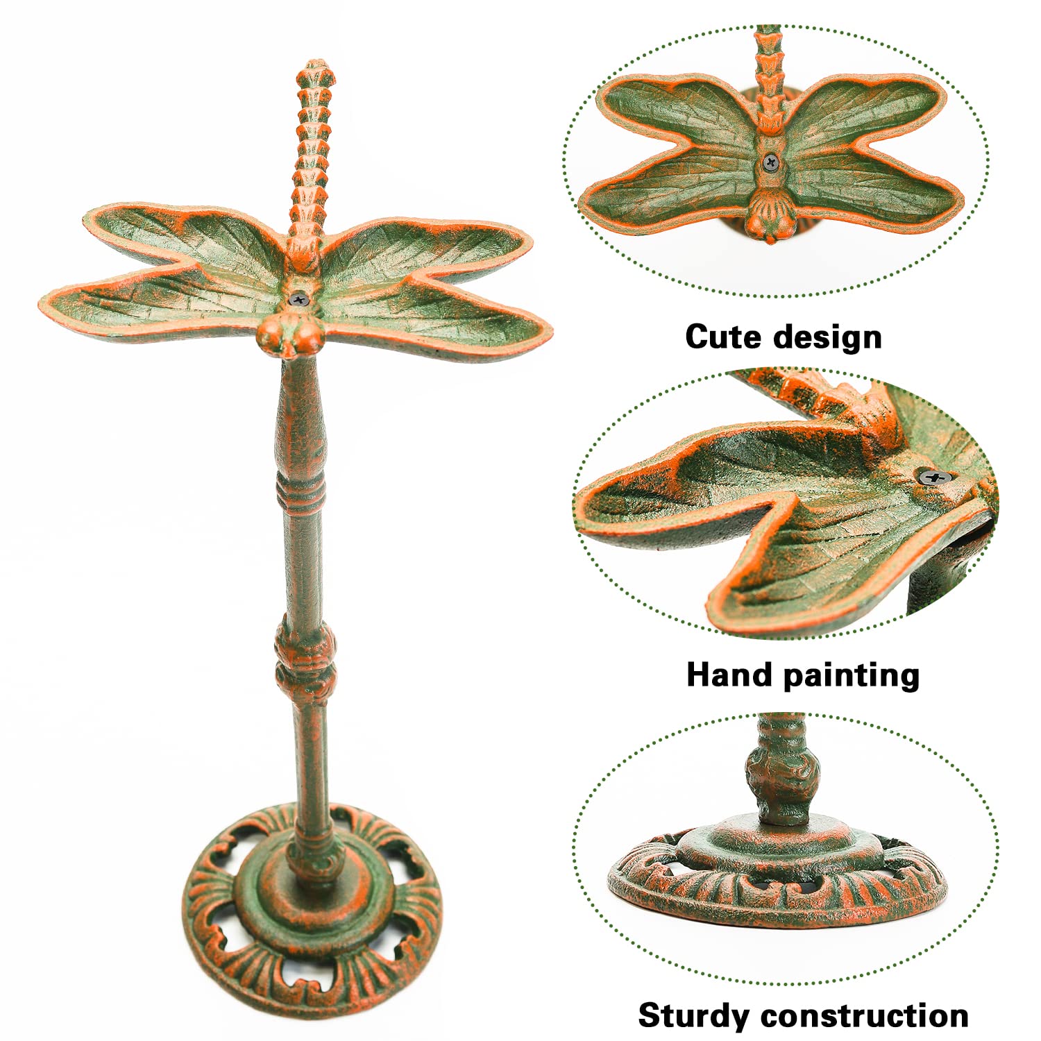 Sungmor Heavy Duty Cast Iron Small Bird Bath for Garden, Wild Bird Water Bath Food Holder, Outdoor Yard Standing Feeder with Vintage Special Color & Lovely Dragonfly Shape, Great Garden Ornament