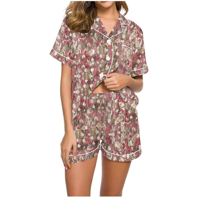 Birdeem Ensembles de Pyjama pour Femmes 2 Pcs Femmes Décontracté Imprimé Col Rabattu Manches Courtes Blouse Mode Pantalon Court Ensemble de Pyjama
