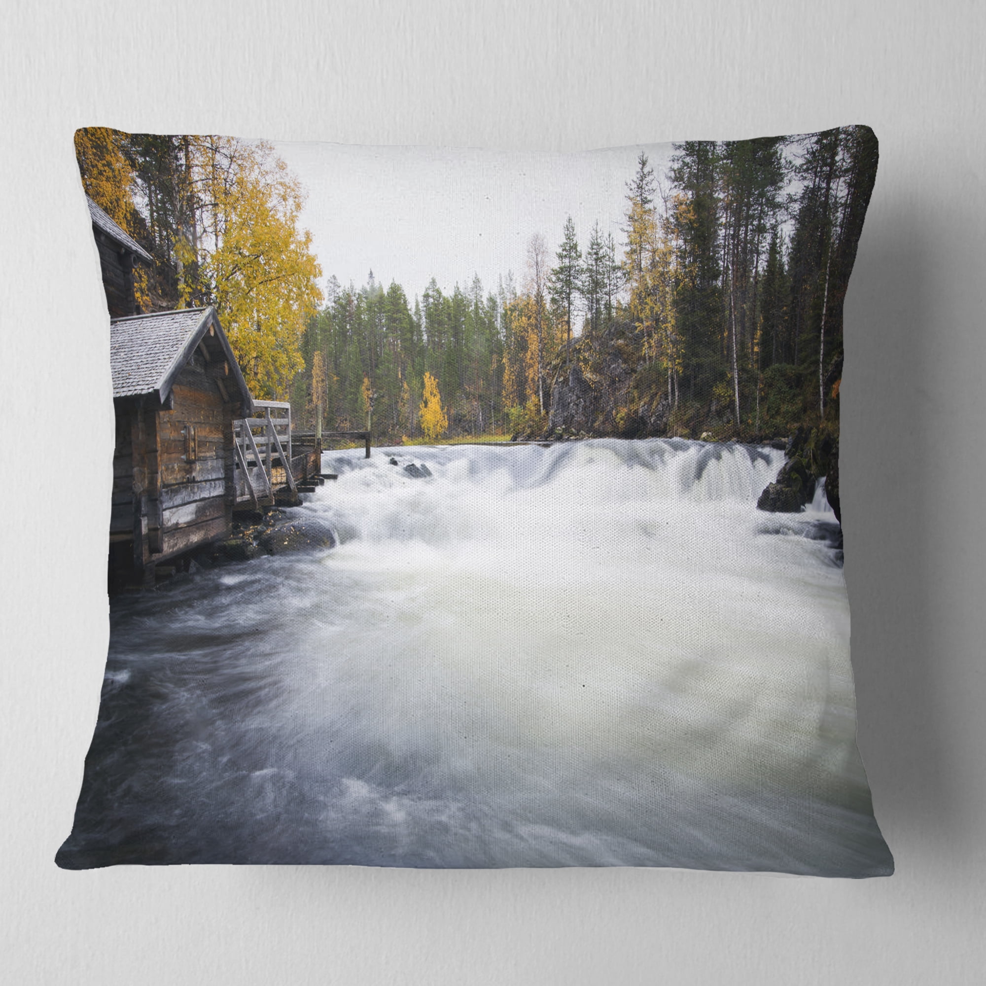 Designart Flowing River and Aged Watermill - Landscape Photography Throw Pillow - 16x16