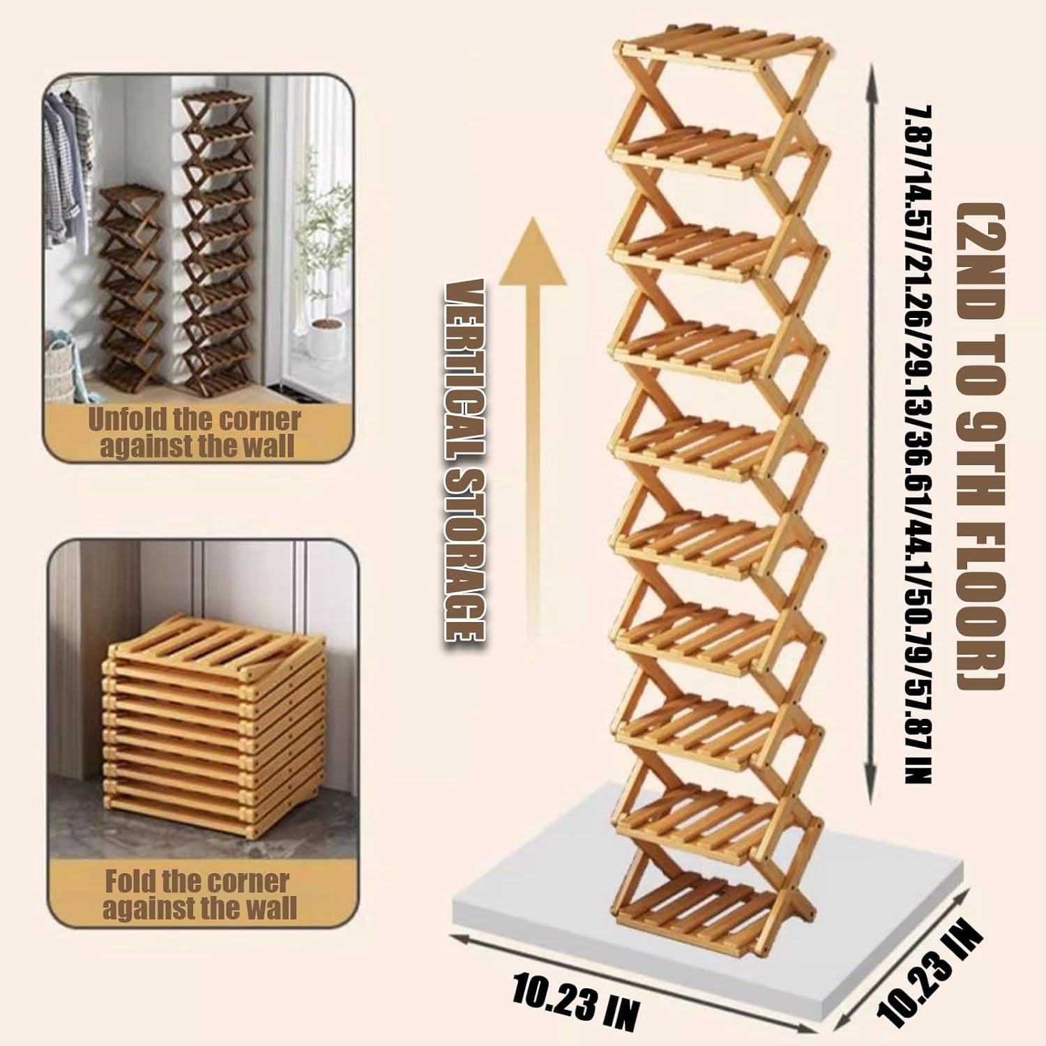 The 9-Tier No-Assembly Bamboo Rack, 2-9 Tier Folding Shoe Storage Rack, Space-Saving Organizer for Shoes, No Assembly Vertical Shoe Shelf for Entryway Closet Dorm (Brown,8 Tier)