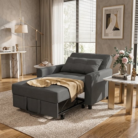 Asofer 3-in-1 Convertible Sofa Chair, Adjustable Backrest Linen Recliner Bed, Space-Saving Multi-Functional Furniture for Living Room Apartment Dorm Office, Gray