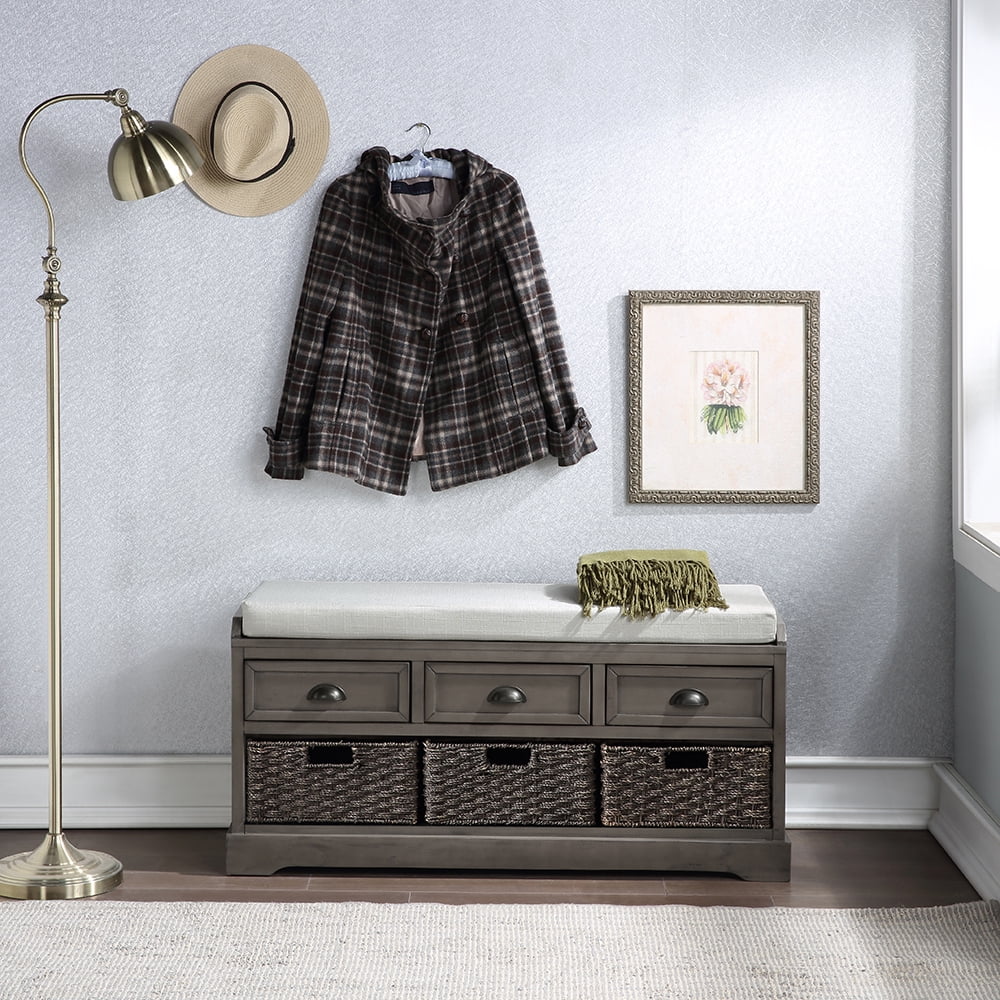 Lowestbest Wood Storage Bench, Entryway Bench with 3 Drawers and 3 Baskets, Grey Lowestbest Wood Storage Bench, Entryway Bench with 3 Drawers and 3 Baskets, Grey