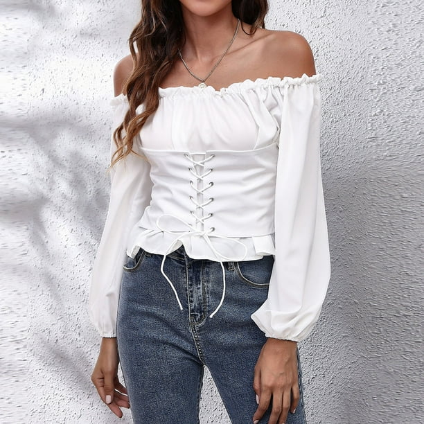  Women's Off Shoulder Lace Up Front Lantern Sleeve Lace
