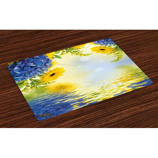Yellow and Blue Placemats Set of 4 Romantic Bouquet of Hydrangeas and