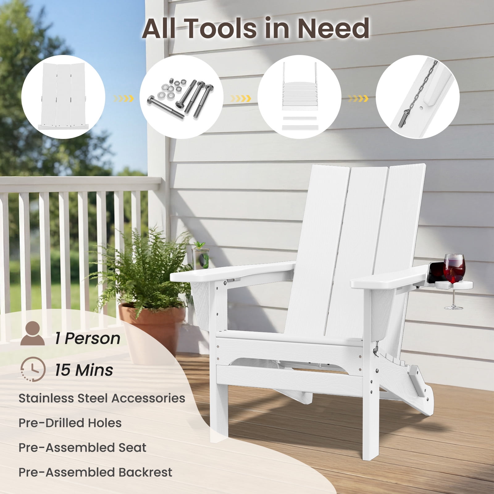 RIAFUN HDPE Foldable Adirondack Chair, Outdoor Patio Chair with 2 Cup Holders, Heavy Duty All-Weather Seating for Lawn,Porch,Deck,Backyard, White
