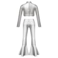 thumbnail image 4 of TSSOE Girls Metallic Disco Theme Party Prom Outfits Long Sleeve Crop Top with Bell-Bottom Pants Jazz Performance Dancewear Silver 10, 4 of 7