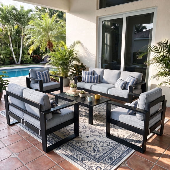 LayinSun 5 Piece Hight Back Aluminum Outdoor Furniture Set with Coffee Table, Modern Patio Conversation Sets