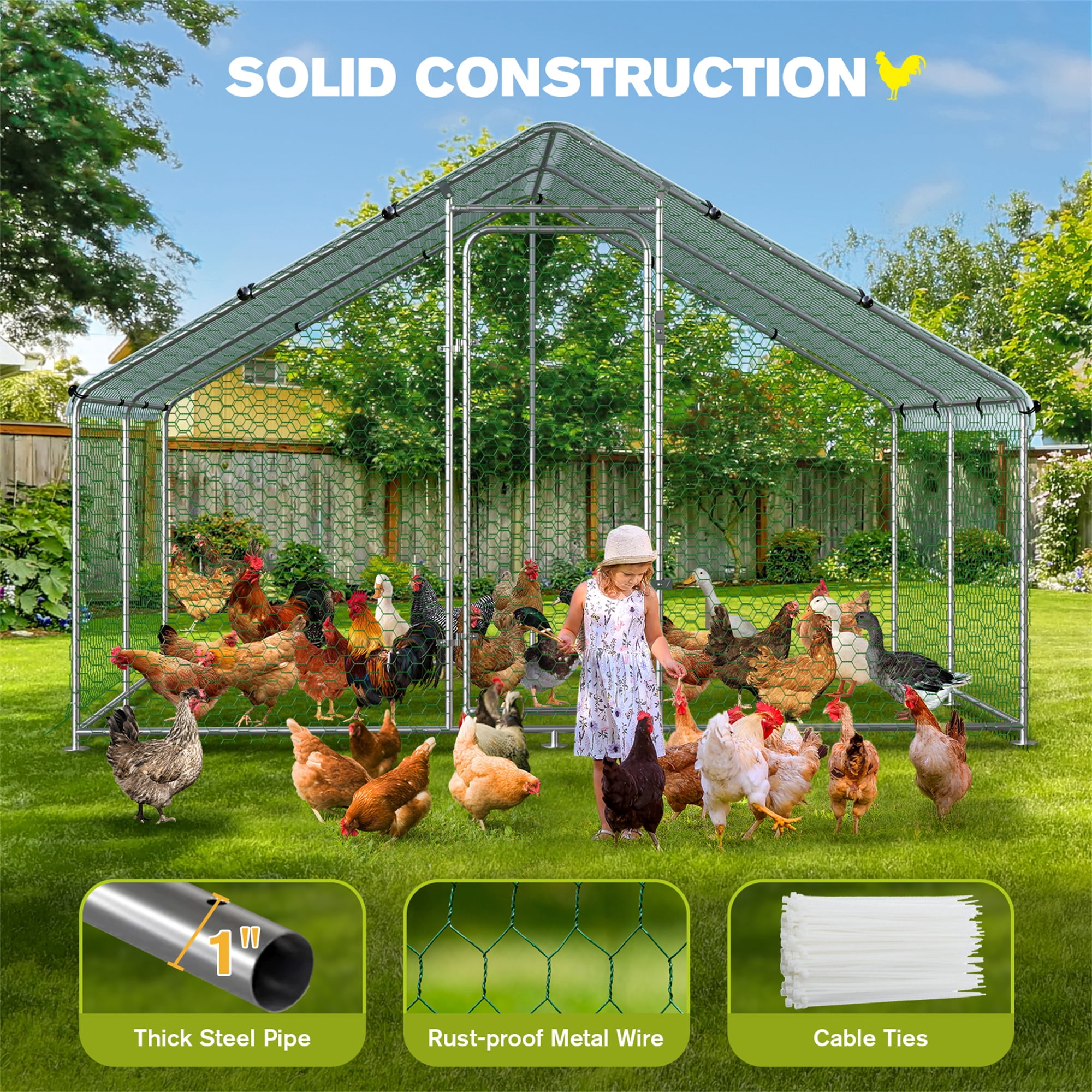 Aukfa Chicken Coop, 13.1 ft Large Chicken Run Cage Outdoor, Heavy Duty Spire Shaped Metal Frame