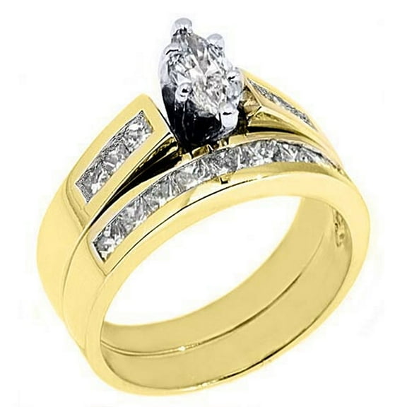 14k Yellow Gold 1.25 Carats Marquise Princess Diamond Engagement Ring Bridal Set