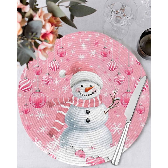 15 Inch Round Placemats Set of 4, Pink Snowman Christmas Non Slip Heat Insulation PP Table Mats, Xmas Balls Snowflake Washable Place Mats for Kitchen Dining Party Table Decor