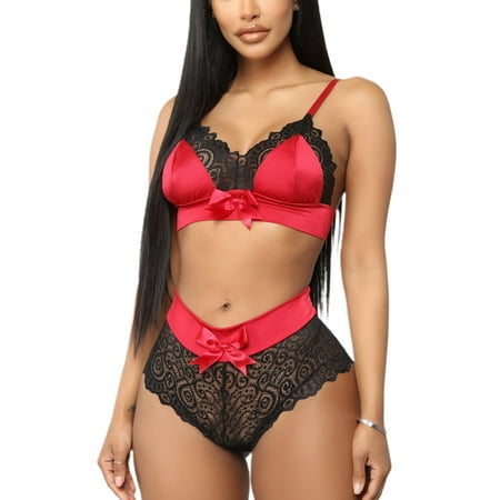 

Women Sexy Lace Lingerie Set See-Through Floral Bowknot Sling Bra Hollow Briefs Babydoll Suit Underwear Set